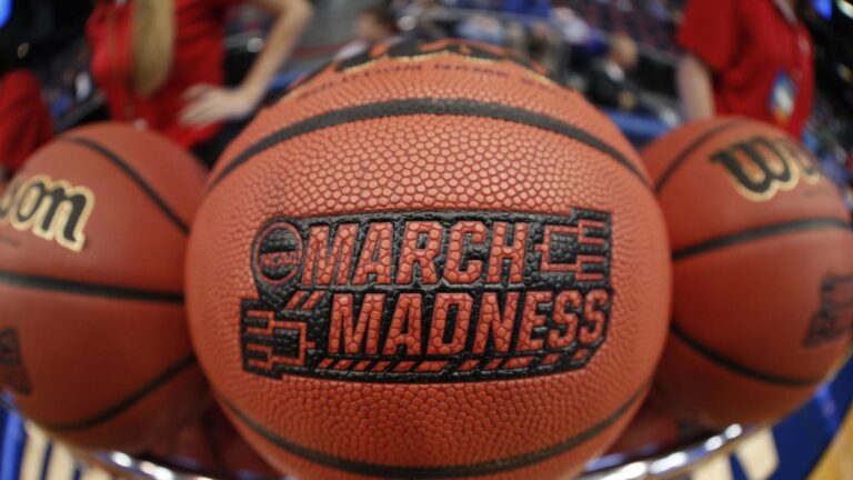 Mar 12, 2018; Dayton, OH, USA; March Madness logo scene on ball during practice before the First Four of the NCAA Tournament at Dayton Arena. Mandatory Credit: Brian Spurlock -USA TODAY Sports